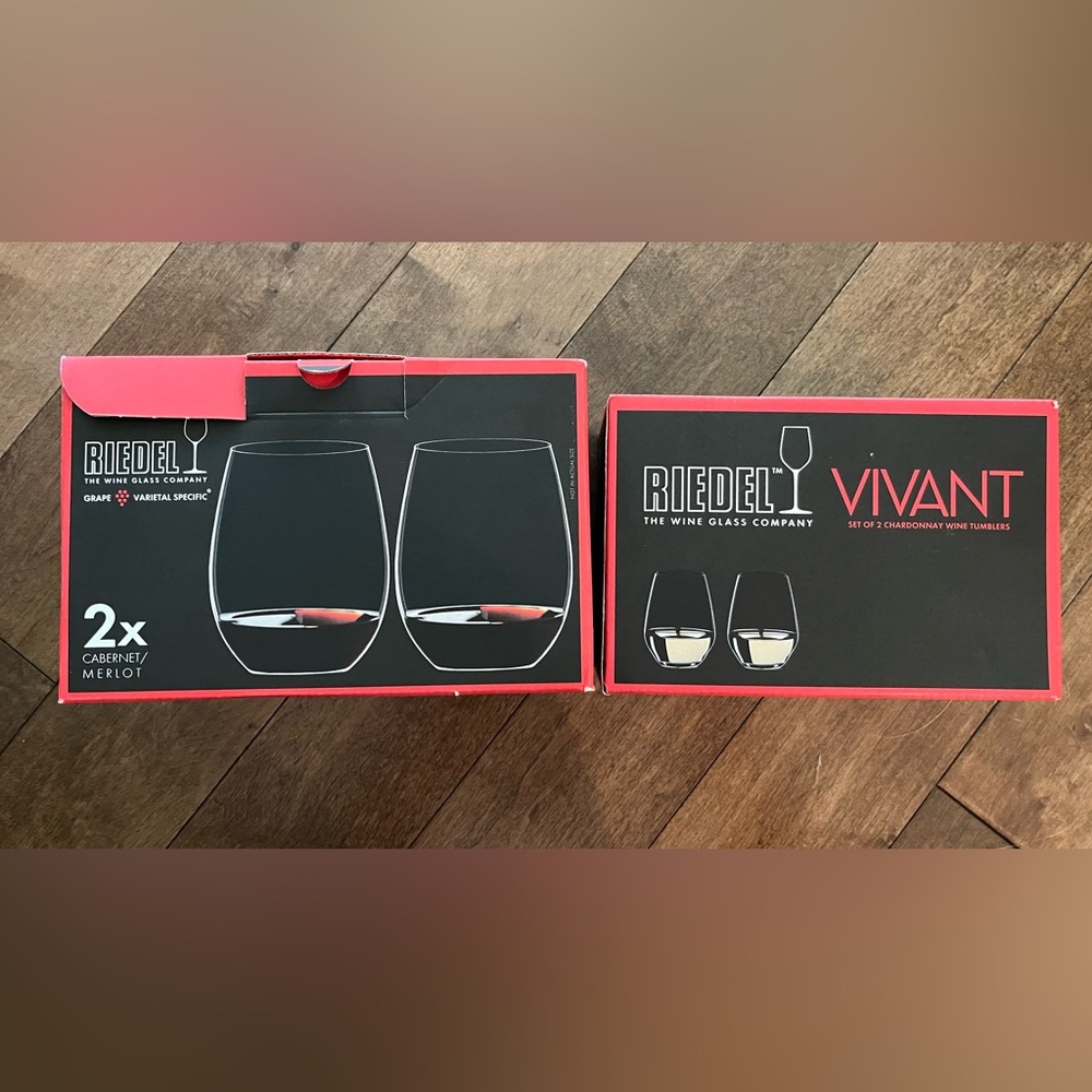 New in box, Riedel crystal stemless wine glasses